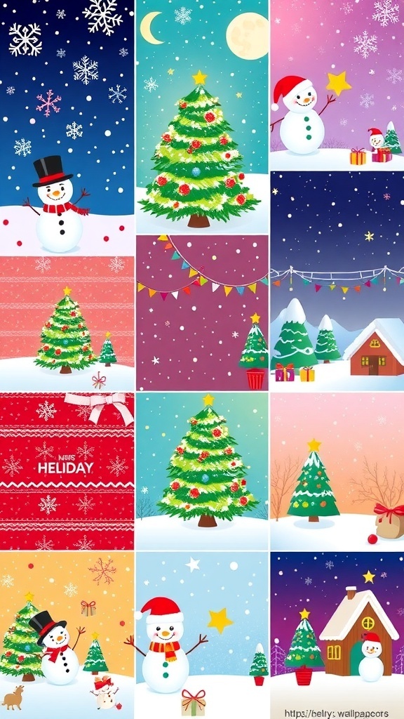 A selection of cute Christmas wallpapers for Chromebook, including snowmen and Christmas trees.